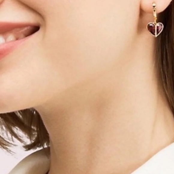KATE SPADE • Rock Solid Dangle Hoop Huggies Earrings Crystal Heart Charm - Picture 3 of 3